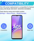 Samsung Galaxy A05 Screen Replacement Kit With Frame LCD Display Touch Digitizer Full Assembly And Handy Repair Tools Set For SM A055F A055M DS Easy Install And Quality Build For Long Lasting Performance compatibility details