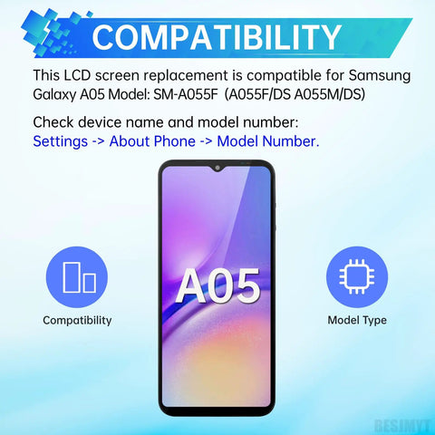 Samsung Galaxy A05 Screen Replacement Kit With Frame LCD Display Touch Digitizer Full Assembly And Handy Repair Tools Set For SM A055F A055M DS Easy Install And Quality Build For Long Lasting Performance compatibility details