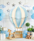 Blue Hot Air Balloon Cardboard Cutout For Baby Shower And Birthday Party Photo Booth Backdrop with toys and balloons