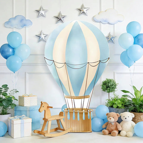 Blue Hot Air Balloon Cardboard Cutout For Baby Shower And Birthday Party Photo Booth Backdrop with toys and balloons