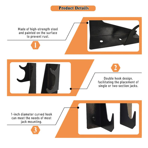 Heavy Duty Steel Floor Jack Holder And Jack Stand Wall Mount Hook Rack In Black Electroplate with dual-hook design details