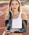 Stay Cool As Ice All Summer With These Dope Butterfly Arm Sleeves Featuring Breathable Ice Silk Material and Flexible Fit for Ultimate Sun Protection Plus Top Tier Comfort On Every Outdoor Adventure on a model.