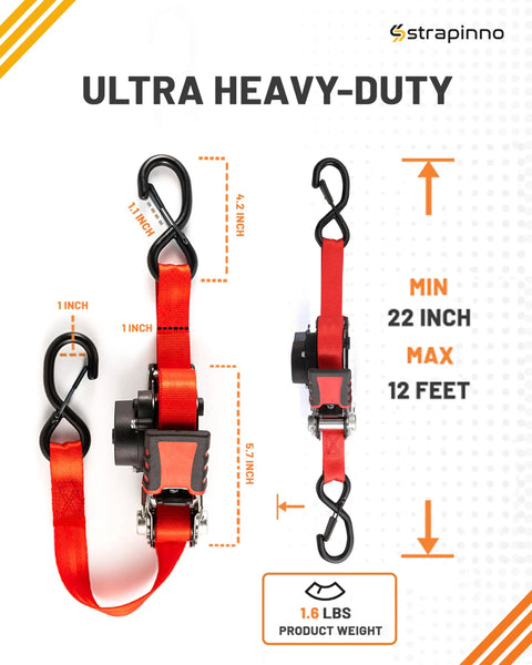 Retractable Ratchet Straps 1 Inch By 12 Feet Heavy Duty Tie Downs With 1800 Lbs Breaking Strength Each S Hooks Safety Clip Auto Retract For Moving Motorcycle Boat Kayak Cargo Pack Of 2 visible with dimensions and weight details