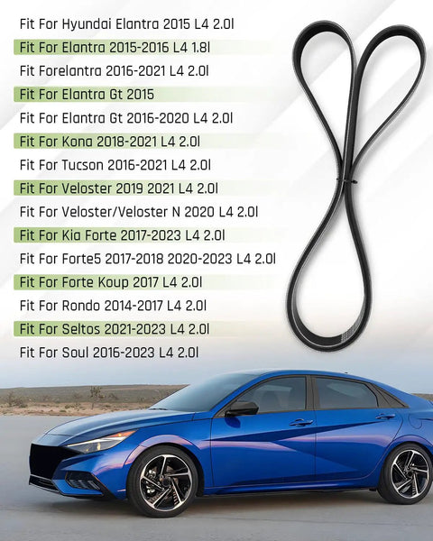 Hyundai Elantra Kona Tucson Serpentine Drive Belt 6PK1780 Beefed Up Durable EPDM Replacement Part K060700 Fit Alternator Water Pump AC Compressor 2015 2021 L4 1.8L 2.0L, EPDM belt shown with fitment list and Hyundai sedan