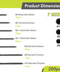 Guide showing sizes in Heavy Duty Wood Screw Set 200Pcs Assortment Kit With High Hardness Phillips Bugle Head Drywall Screws.
