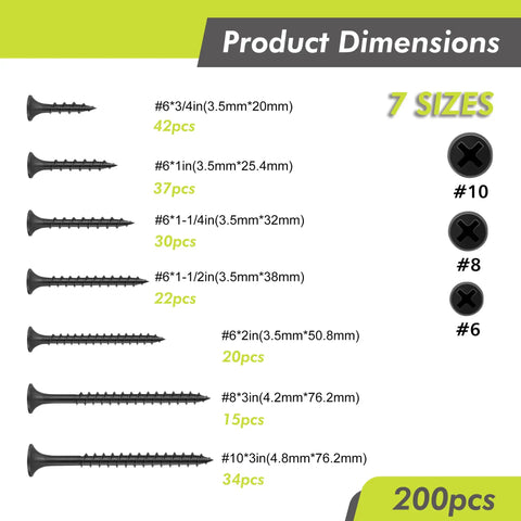 Guide showing sizes in Heavy Duty Wood Screw Set 200Pcs Assortment Kit With High Hardness Phillips Bugle Head Drywall Screws.