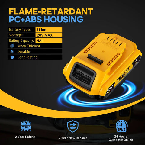 High Capacity 4 Amp Hour Replacement Battery Compatible With 20 Volt Max Cordless Drills Impact Drivers And Reciprocating Saws Two Pack, yellow PC+ABS housing.