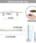 Diagram showcasing 30 Pack Curved Cabinet Pulls With 3 Inch Center Hole Brushed Nickel Zinc Alloy Durable Handles measurements and uses