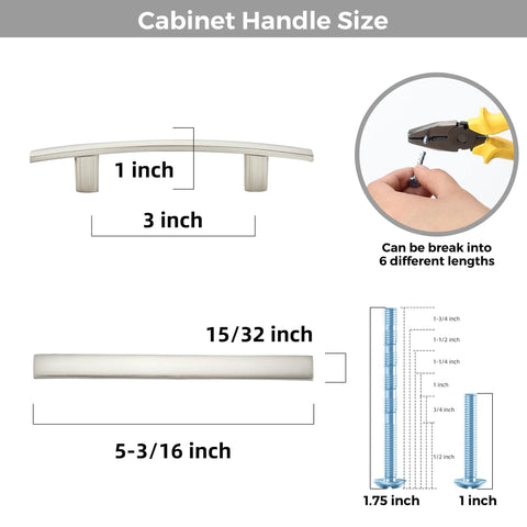 Diagram showcasing 30 Pack Curved Cabinet Pulls With 3 Inch Center Hole Brushed Nickel Zinc Alloy Durable Handles measurements and uses