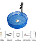 USZWBY Bathroom Vessel Sink Vanity Glass Vessel Bowl Sink Cylindrical Countertop Sink Bowl Above Counter Sink Art Basin in blue with faucet