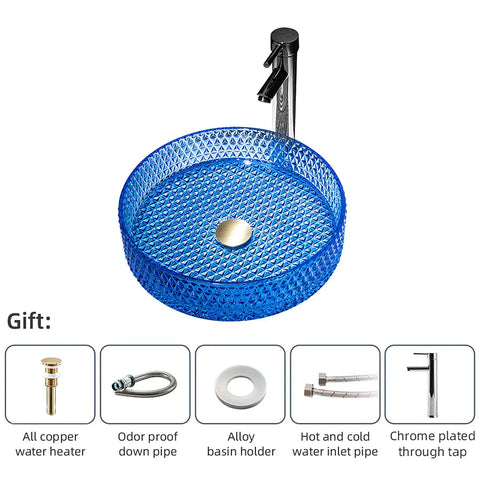 USZWBY Bathroom Vessel Sink Vanity Glass Vessel Bowl Sink Cylindrical Countertop Sink Bowl Above Counter Sink Art Basin in blue with faucet