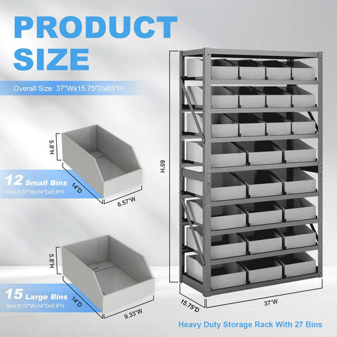 8 Tier Heavy Duty Steel Storage Rack With 27 Bins Shelving Unit Built Tough Durable Steel Frame Easy Assembly