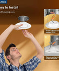 Amico 24 Pack 6 inch 5CCT LED Recessed Lighting with Night Light installation steps shown with a man installing a recessed light.