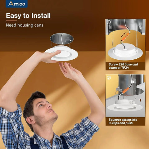 Amico 24 Pack 6 inch 5CCT LED Recessed Lighting with Night Light installation steps shown with a man installing a recessed light.