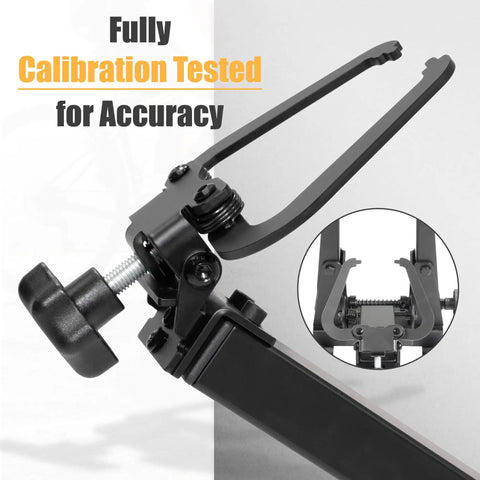 Bicycle Wheel Truing Stand For Precise Rim Alignment With Beefy Heavy Duty Base, close-up of calibration clamps, black material