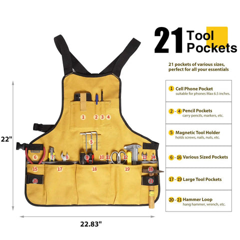 Durable Canvas Work Apron With 21 Tool Pockets, Handy Magnetic Holder, torso length, displayed with measurement details.