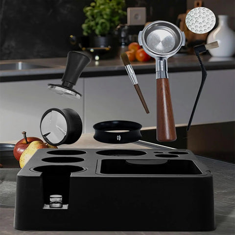 Built Tough Coffee Tamper Station And Espresso Organizer Box with portafilter holder, brush, and tamper, organized on kitchen counter.