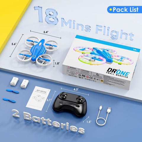 LED Light Kids Drone For Indoor Flight With Easy To Fly RC Fun And 360 Flip Two Batteries Included, shown with accessories