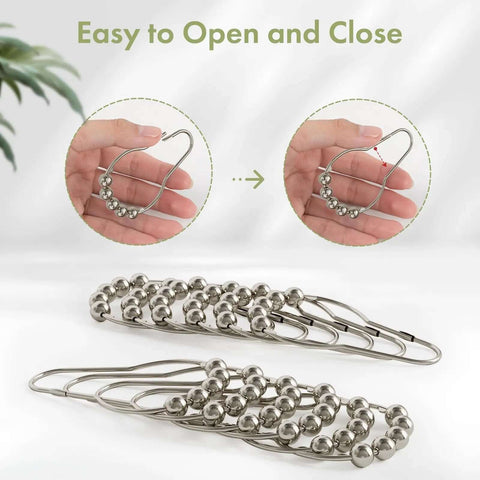 Rustproof Stainless Steel Shower Curtain Hooks Set Of 12 for bathroom rods with polished nickel finish, showcasing easy open and close feature.