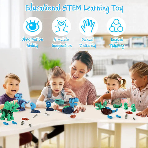 Children playing with Take Apart Dinosaur STEM Toys For Kids 3-5 With Electric Drill Educational Building Set Construction Kit
