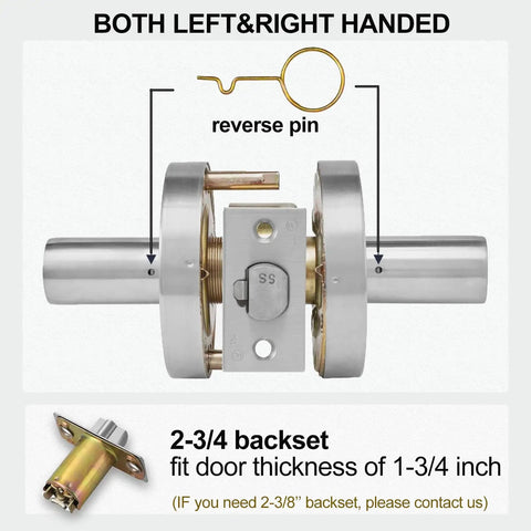 Heavy Duty Storeroom Door Lock Handle With Two And Three Quarter Backset UL 3 Hour Fire Rated ADA Compliant Satin Chrome Finish Non Handed Lever Grade 2 Commercial Lock assembly diagram showing reverse pin.