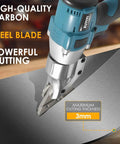 Close-up of Cordless Metal Shear Cutter For Makita 18V Batteries cutting steel, showing 3mm thickness capability, brushless motor.