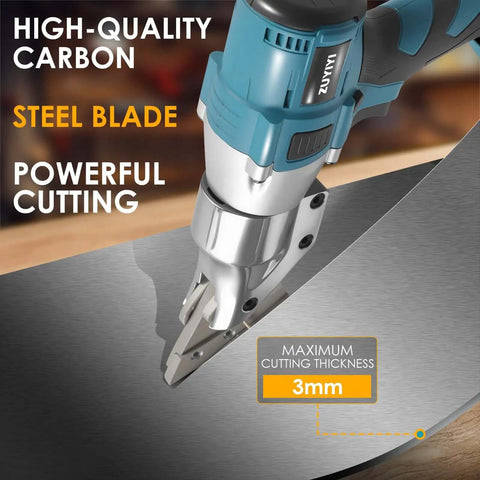 Close-up of Cordless Metal Shear Cutter For Makita 18V Batteries cutting steel, showing 3mm thickness capability, brushless motor.