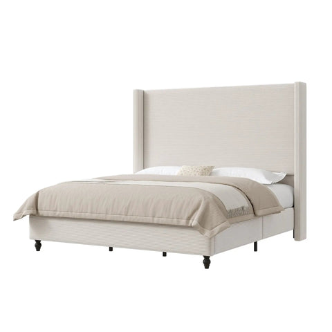 Chill In Style With This Super Comfy Queen Upholstered Bed Frame Featuring A Tall 63 Inch Corduroy Wingback Headboard In Classic Cream Fabric For Ultimate Bedroom Vibes And Solid Nightly Rest, side view of cream corduroy bed frame.