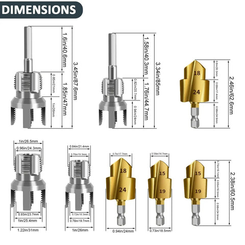 Dimensions of Drill Style PPR Pipe Threader And Reaming Kit For One Half Inch And Three Quarter Inch PVC Pipes