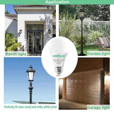 Four Pack Motion Sensor LED Bulbs 12W, 100W Equivalent A19 E26 Dusk To Dawn Indoor Outdoor Use, 5000K Daylight, 1200 Lumens, Glass-Penetrating Sensor, Upward Or Downward Mount, Easy Install. Motion sensor LED bulb used in porch, garden, and garage lights.