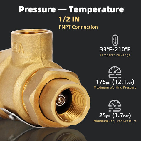 Brass backflow preventer with 1/2 in FNPT, dual check valve and female union inlet/outlet, angled front view.