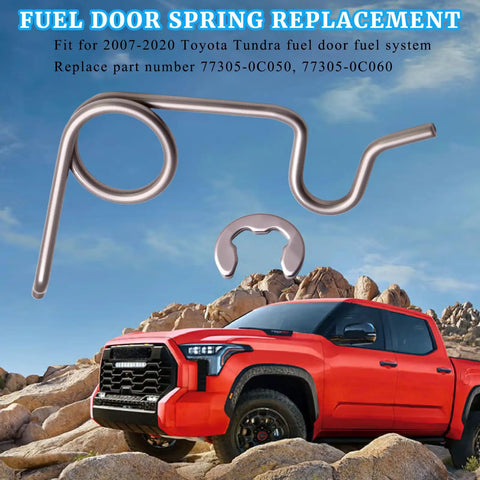 Premium Stainless Steel Fuel Door Spring Fits 2007-2020 Toyota Tundra, showing replacement spring and clip.