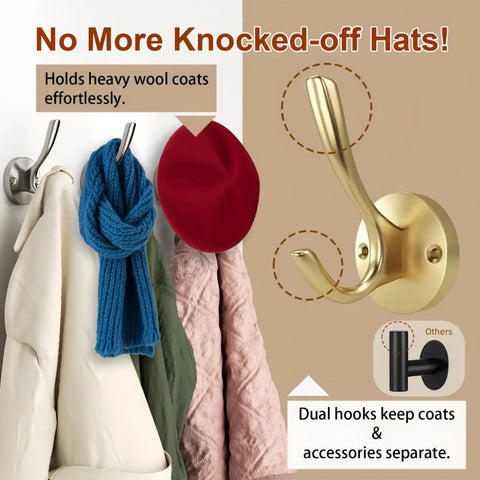 Heavy Duty Gold Wall Mounted Coat Hooks Set Of 8 With Brass Brushed Finish Robe Hangers holding coats and hats in entryway.