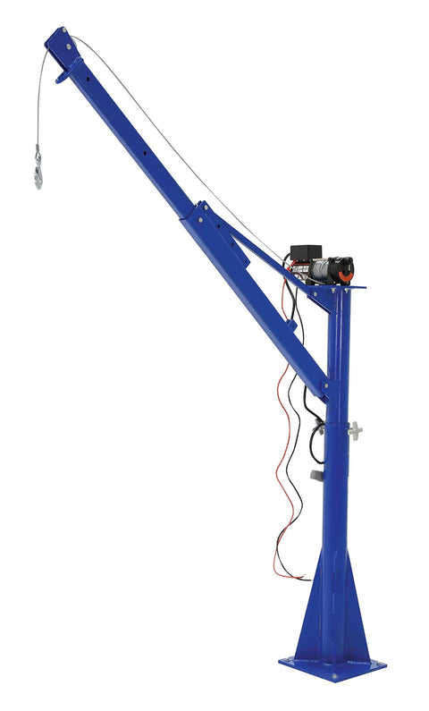 Supercharged 12V DC Powered Jib Crane With Rock Solid Steel Frame And 1500 Lb Capacity, blue steel hoist for tight spaces.