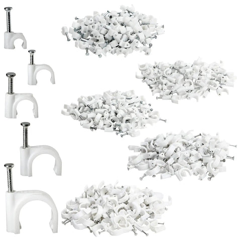 White Round Cable Wire Clips Set For Wall Mounting And Cable Management, 500-Pack In 5 Sizes with nails.