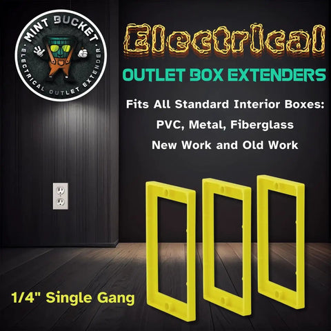 One Quarter Inch Single Gang Outlet Box Extenders Pack Of Three UL Listed Electrical Box Extenders in yellow on dark background
