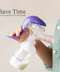 Soft Anti Colic Nipples For Everyday Bottle Feedings Paired With 5 Oz Breastmilk Storage Bottles In A Four Pack For No Sweat Pumping And Cool Freezer Stash, showing a purple breast pump with 5oz bottle.