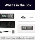 Box contents of Dual Laser Distance Meter With Bluetooth App Connection, including device, holster, strap, batteries, guide