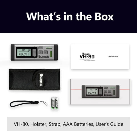 Box contents of Dual Laser Distance Meter With Bluetooth App Connection, including device, holster, strap, batteries, guide