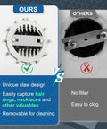 Comparison of Slick Matte Black Tub Overflow Cover For Traditional Standard Bathtubs with unique claw design vs standard drain.