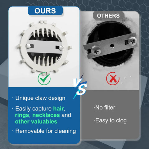 Comparison of Slick Matte Black Tub Overflow Cover For Traditional Standard Bathtubs with unique claw design vs standard drain.