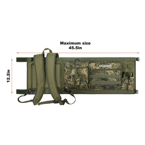 Laid flat view of Five Gallon Bucket Backpack in camouflage with rod and pliers holder, multiple pockets for fishing or hunting
