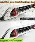 Dual angle view of Red Tow Hook Cover for 2020 to 2026 GMC Sierra 2500 3500 HD Tow Hitch Cover on a truck, showing debris protection.