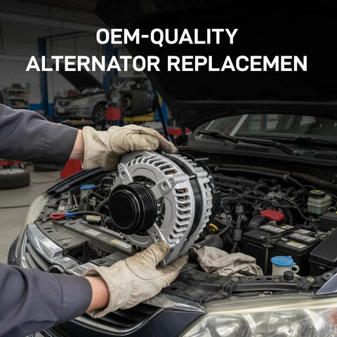 12V 90A CW Alternator Replacement For Elantra 2011-2017 being installed under car hood, in mechanic's hands