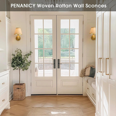 PENACINY Battery Operated Rattan Wall Sconces Set of 2 displayed in a bright entryway with double doors.