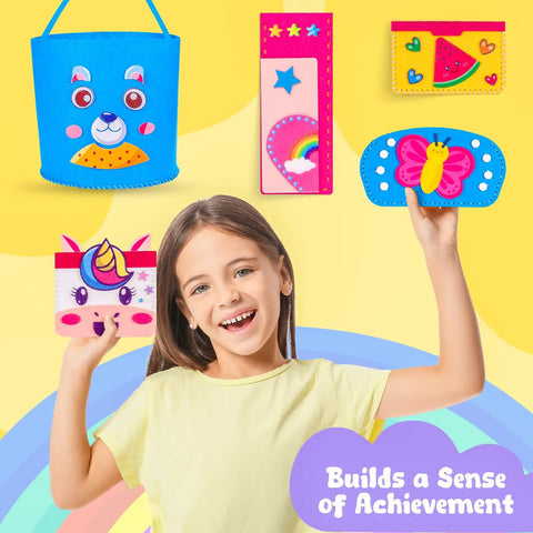 Child holding creations from Kids Sewing Kit For Beginners With 7 DIY Projects Like Unicorn Coin Purse Rainbow Crossbody Bag.