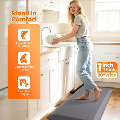 Woman standing on Ultra Thick 1 Inch Anti Fatigue Kitchen Mat For Floor, Non Slip And Waterproof Cushioning, Perfect For Cooking, Cleaning Or Desk Work , 20 X 39 Inches, Grey, Built To Last And Easy To Clean in kitchen