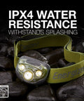 Ultra Bright LED Headlamp For Outdoors, Camping And Night Runs, IPX4 Water-Resistant, hands-free green light on rocks.