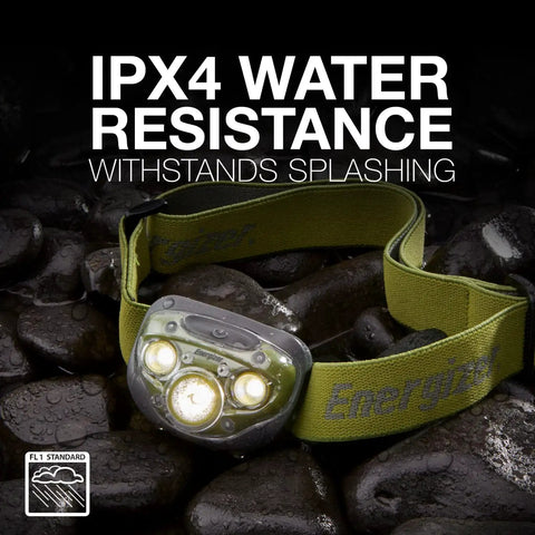 Ultra Bright LED Headlamp For Outdoors, Camping And Night Runs, IPX4 Water-Resistant, hands-free green light on rocks.