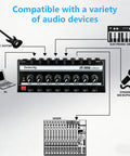 Diagram showing HA800S Eight Channel Stereo Line Mixer connected to guitar, organ, PC, microphone, and mixer.